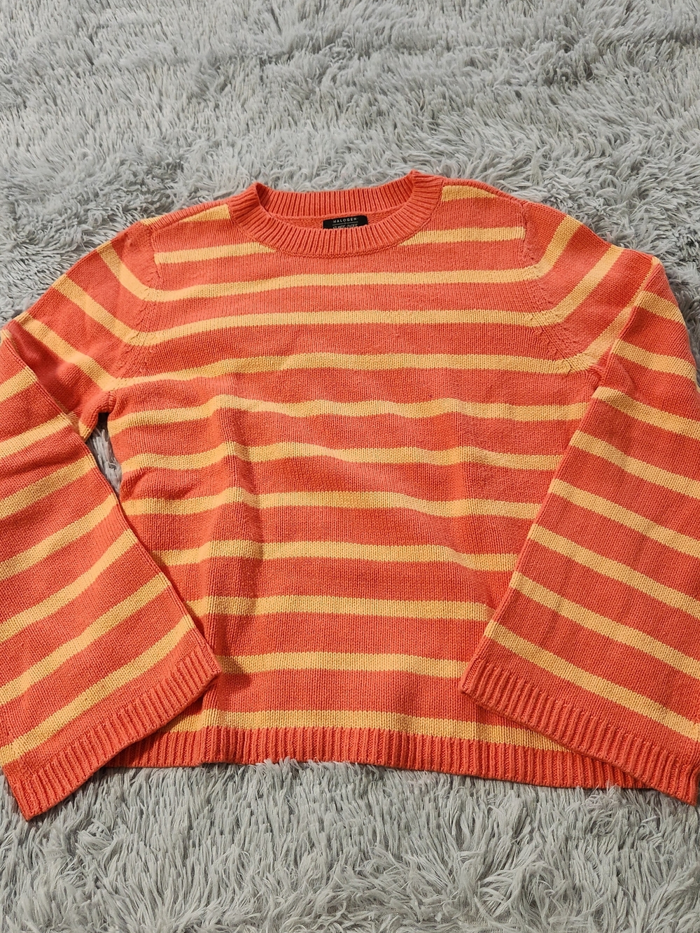 Halogen x Atlantic - Pacific Orange and Yellow Striped Crewneck Sweater